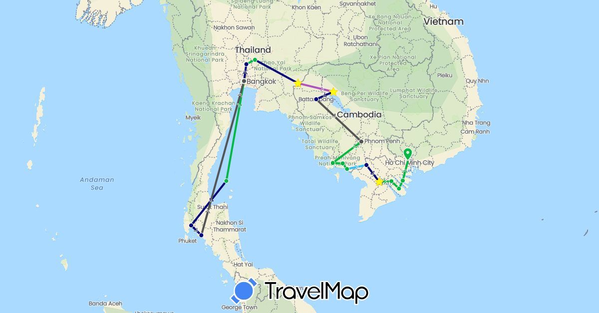 TravelMap itinerary: driving, bus, train, boat, motorbike in Cambodia, Thailand, Vietnam (Asia)